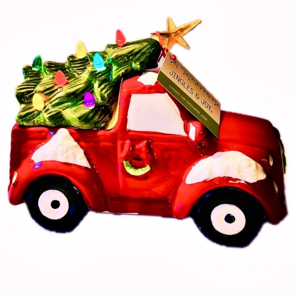 Jingles & Joy Christmas Cookie Jar Vintage Red Truck with LED Christmas Tree NWT - Picture 3 of 10